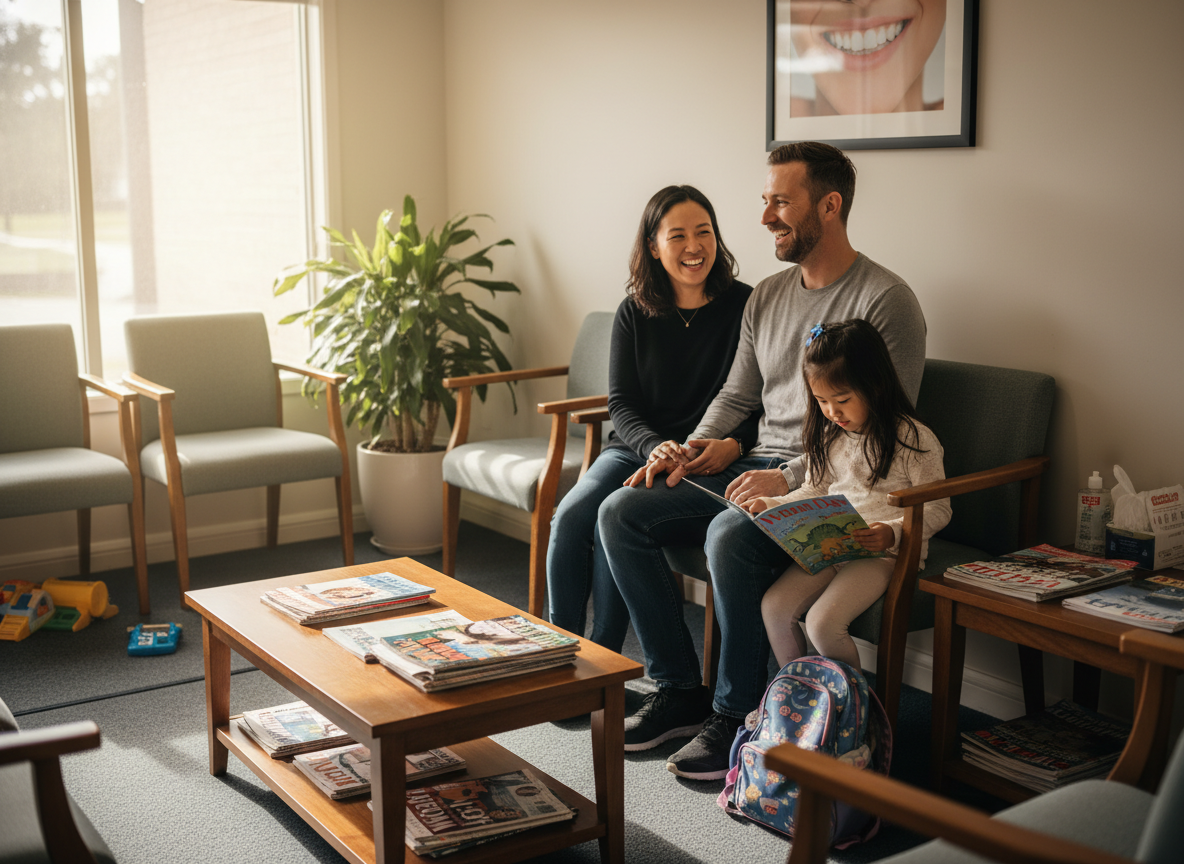 A happy family in the dental waiting area at Kippax Dental